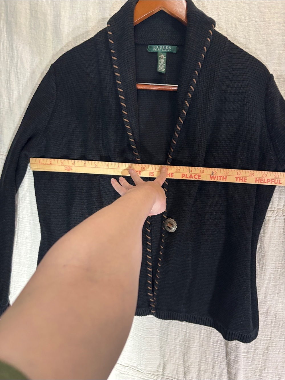 Lauren Ralph Lauren Black Cardigan with Tan Whipstitch Trim Linen Cotton Blend - Picture 8 of 10